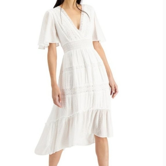 INC Babydoll White Flutter Sleeve V-Neckline High Low Beachy Boho Midi Dress S - Picture 1 of 11